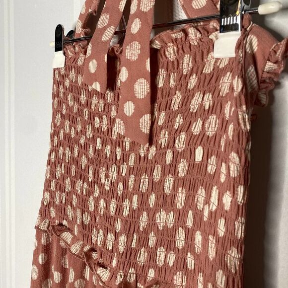 Candie's Smocked Sleeveless Polka Dot Halter Tie Jumpsuit Large Pink White New - Picture 4 of 12